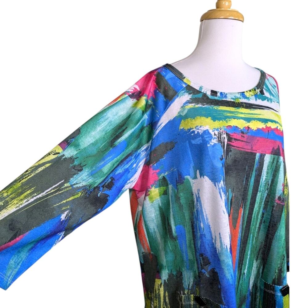 Ali Miles Tunic Top 1X Lagenlook Artsy Abstract Watercolor Sequin Statement - Picture 6 of 10